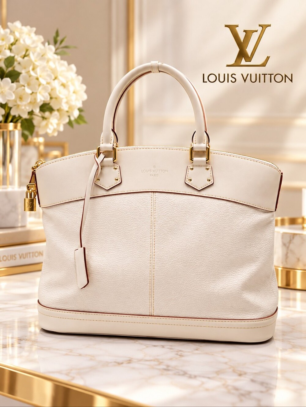 Authentic Louis Vuitton Lockit MM White Leather Satchel Tote Luxury Handbag